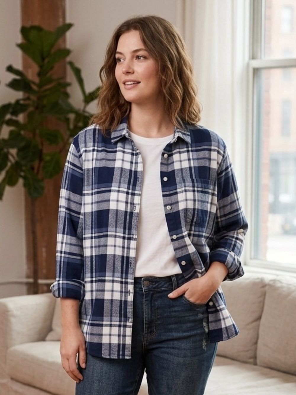 Take 50% OFF- Old Navy Women’s Navy & White Plaid Button-Up Shirt - Size-M